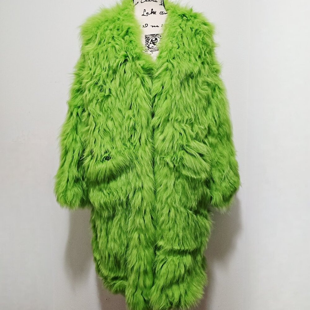 NewReal Striped Knitted Fox Fur Cape Jacket Stroller Apple Slime Neon Green Mink
